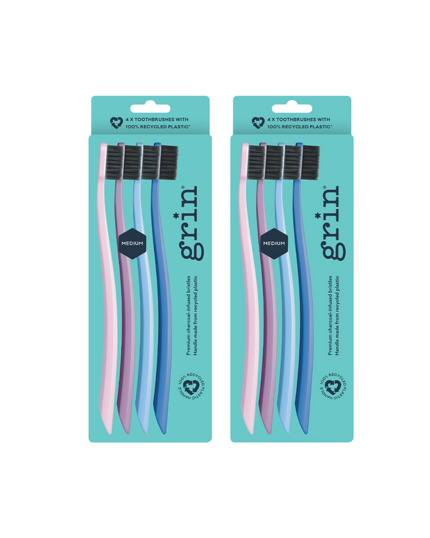 Grin 100% Recycled Toothbrush 4pk Purple (Medium) Bundle x 2